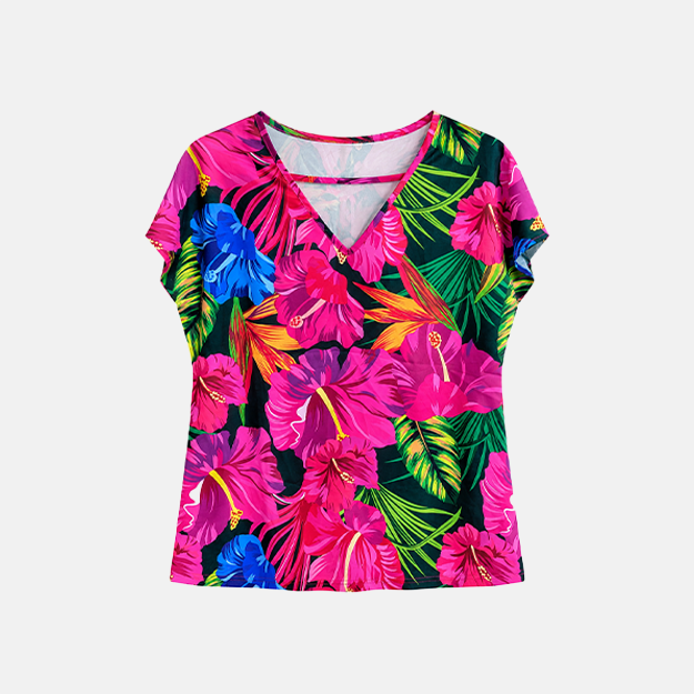 Vibrant Tropical Floral V Neck Second Hand Top