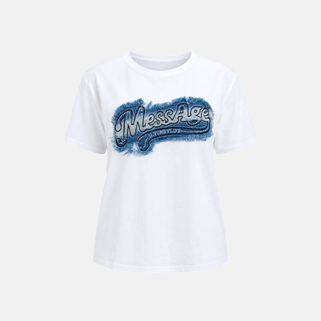 White Denim Style Graphic T Shirt Classic White Color