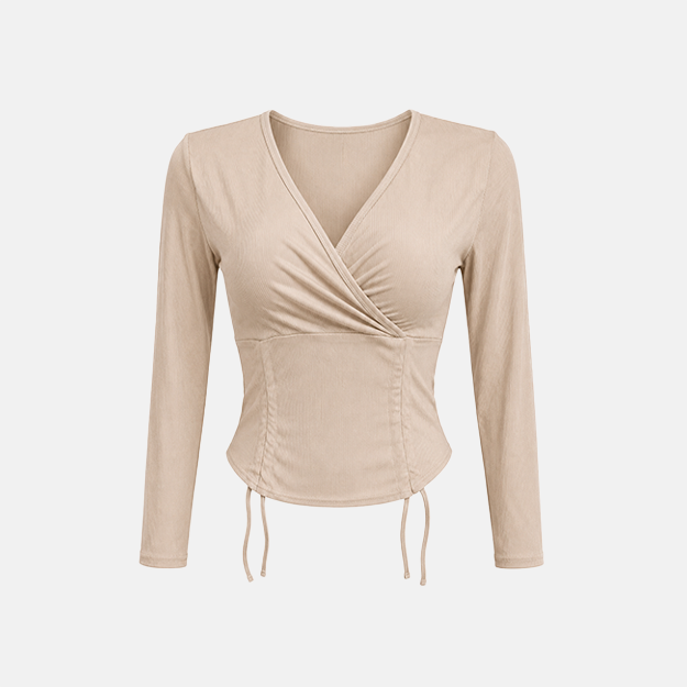 Beige Ribbed Wrap Front Long Sleeve