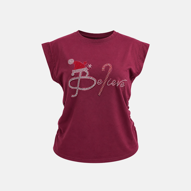 Women's Burgundy Rhinestone Graphic T Shirt