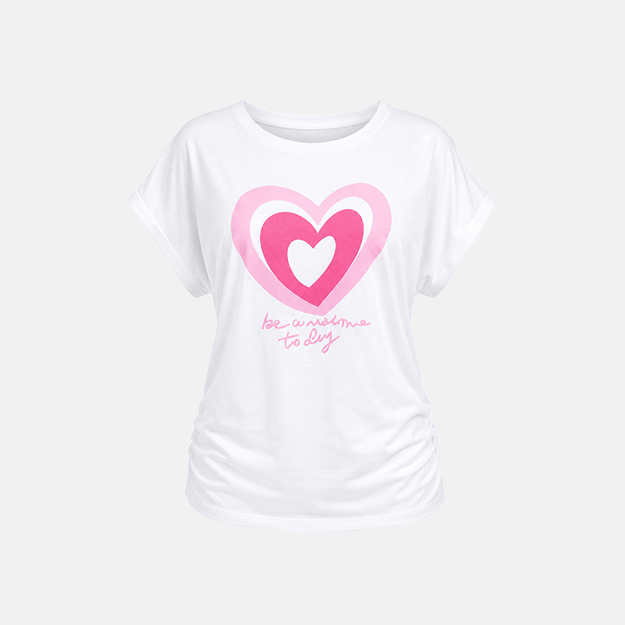 Women's White Graphic Ruched T Shirt Crisp White Color