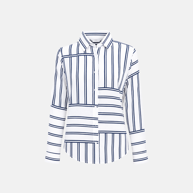 Women's White Navy Striped Long Sleeve Shirt White Base With Navy Striped Pattern