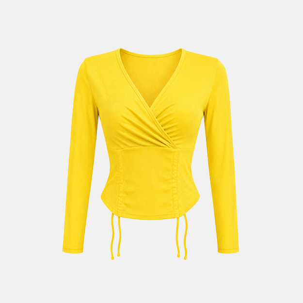 Yellow Ribbed Wrap Front Long Sleeve