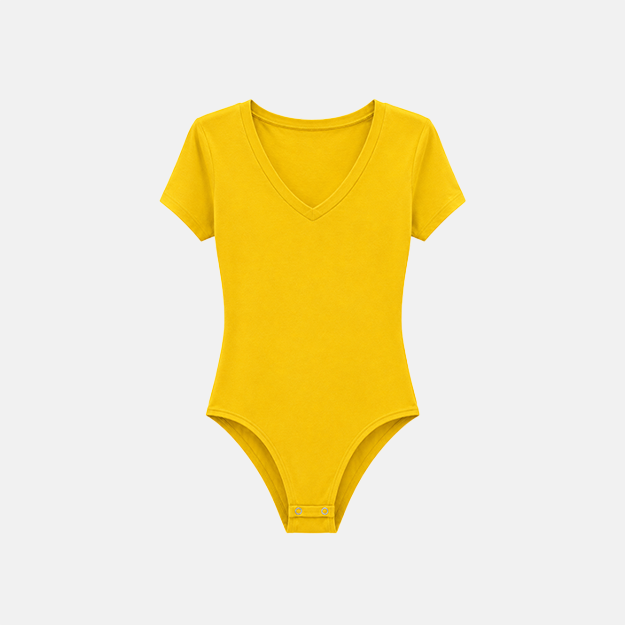 Women's Yellow V Neck Short Sleeve Bodysuit